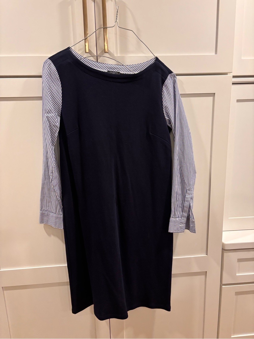 Talbots Navy Shift Dress with Blue-White Striped Sleeves